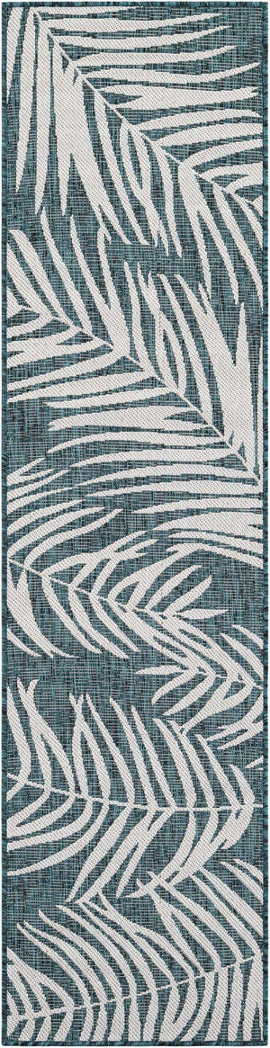 Teal 2' x 8' Outdoor Botanical Runner Area Rug Weather Resistant for Patio, Deck, Terrace, Balcony, Porch Polypropylene Garden Floral Tropical Carpet for Sale at Rug Engine