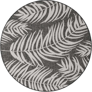 Charcoal 5' 3 x 5' 3 Outdoor Botanical Round Area Rug Weather Resistant for Patio, Deck, Terrace, Balcony, Porch Polypropylene Garden Floral Tropical Carpet for Sale at Rug Engine