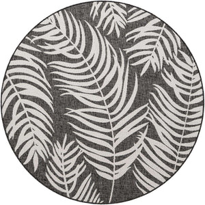 Charcoal 6' 1 x 6' 1 Outdoor Botanical Round Area Rug Weather Resistant for Patio, Deck, Terrace, Balcony, Porch Polypropylene Garden Floral Tropical Carpet for Sale at Rug Engine