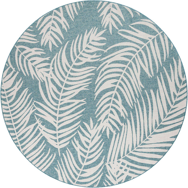 Light Aqua 10' x 10' Outdoor Botanical Round Area Rug Weather Resistant for Patio, Deck, Terrace, Balcony, Porch Polypropylene Garden Floral Tropical Carpet for Sale at Rug Engine