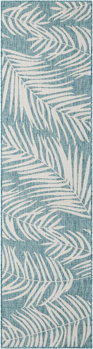 Light Aqua 2' 7 x 10' Outdoor Botanical Runner Area Rug Weather Resistant for Patio, Deck, Terrace, Balcony, Porch Polypropylene Garden Floral Tropical Carpet for Sale at Rug Engine