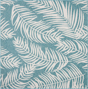 Light Aqua 10' x 10' Outdoor Botanical Square Area Rug Weather Resistant for Patio, Deck, Terrace, Balcony, Porch Polypropylene Garden Floral Tropical Carpet for Sale at Rug Engine