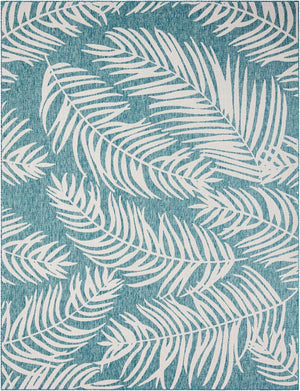 Light Aqua 10' x 13' 1 Outdoor Botanical Rectangle Area Rug Weather Resistant for Patio, Deck, Terrace, Balcony, Porch Polypropylene Garden Floral Tropical Carpet for Sale at Rug Engine