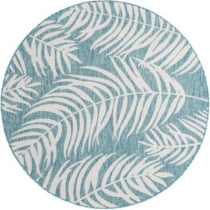 Light Aqua 6' 1 x 6' 1 Outdoor Botanical Round Area Rug Weather Resistant for Patio, Deck, Terrace, Balcony, Porch Polypropylene Garden Floral Tropical Carpet for Sale at Rug Engine