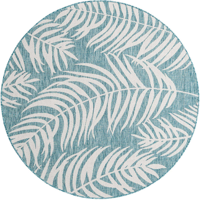 Light Aqua 6' 1 x 6' 1 Outdoor Botanical Round Area Rug Weather Resistant for Patio, Deck, Terrace, Balcony, Porch Polypropylene Garden Floral Tropical Carpet for Sale at Rug Engine
