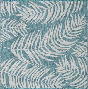 Light Aqua 6' 1 x 6' 1 Outdoor Botanical Square Area Rug Weather Resistant for Patio, Deck, Terrace, Balcony, Porch Polypropylene Garden Floral Tropical Carpet for Sale at Rug Engine