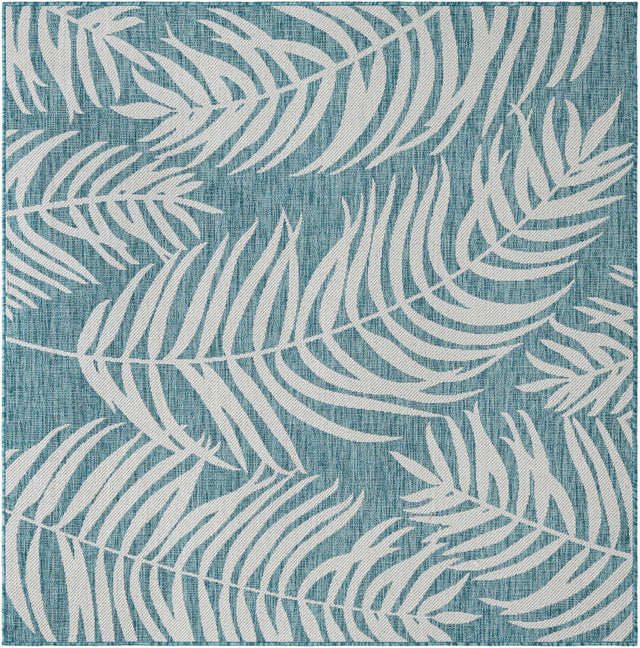 Light Aqua 6' 1 x 6' 1 Outdoor Botanical Square Area Rug Weather Resistant for Patio, Deck, Terrace, Balcony, Porch Polypropylene Garden Floral Tropical Carpet for Sale at Rug Engine