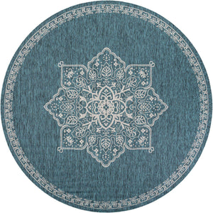 Teal 10' x 10' Outdoor Traditional Round Area Rug Weather Resistant for Patio, Deck, Terrace, Balcony, Porch Classical Design Outside Carpet for Sale at Rug Engine