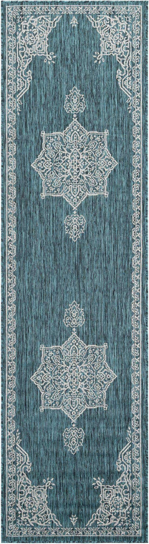 Teal 2' 7 x 10' Outdoor Traditional Runner Area Rug Weather Resistant for Patio, Deck, Terrace, Balcony, Porch Classical Design Outside Carpet for Sale at Rug Engine
