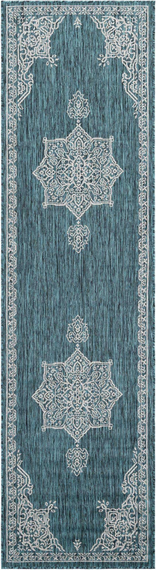 Teal 2' 7 x 10' Outdoor Traditional Runner Area Rug Weather Resistant for Patio, Deck, Terrace, Balcony, Porch Classical Design Outside Carpet for Sale at Rug Engine