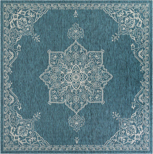 Teal 10' x 10' Outdoor Traditional Square Area Rug Weather Resistant for Patio, Deck, Terrace, Balcony, Porch Classical Design Outside Carpet for Sale at Rug Engine