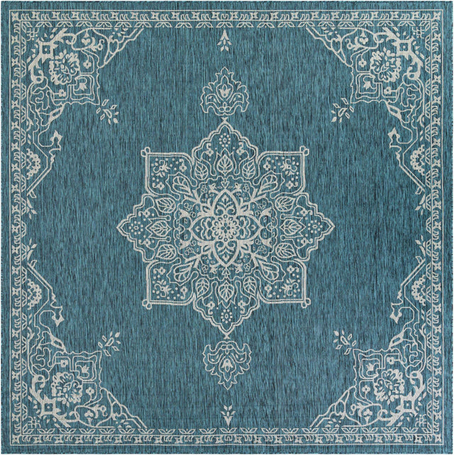 Teal 10' x 10' Outdoor Traditional Square Area Rug Weather Resistant for Patio, Deck, Terrace, Balcony, Porch Classical Design Outside Carpet for Sale at Rug Engine