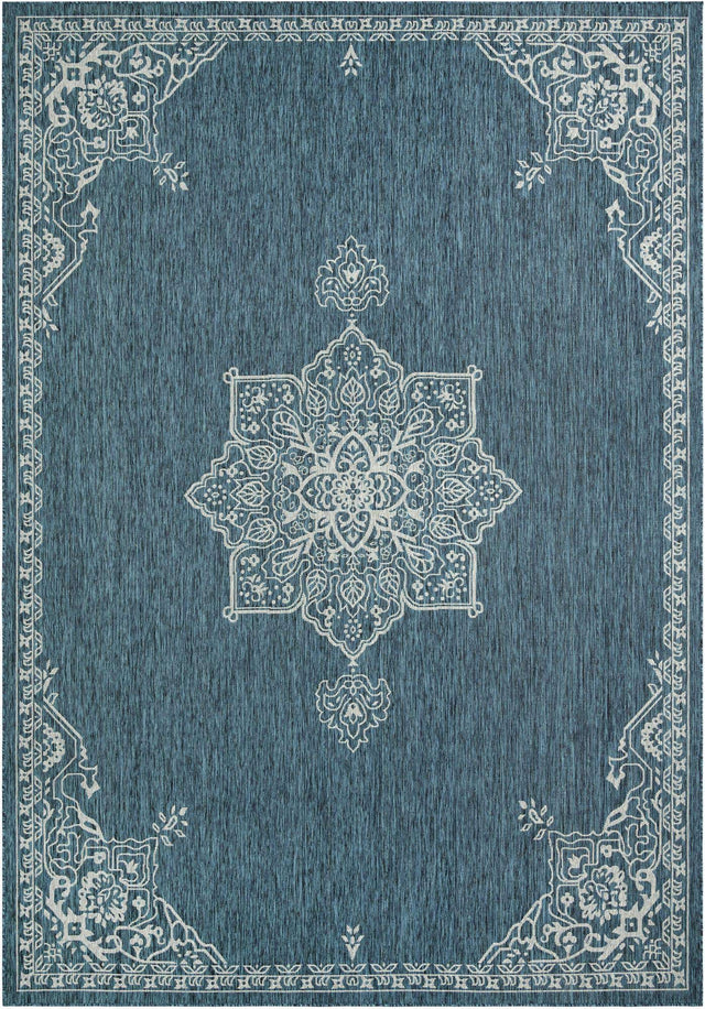 Teal 10' x 14' 1 Outdoor Traditional Rectangle Area Rug Weather Resistant for Patio, Deck, Terrace, Balcony, Porch Classical Design Outside Carpet for Sale at Rug Engine