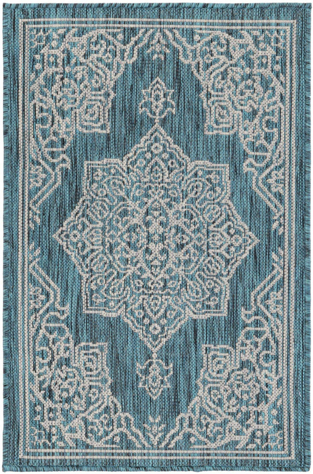 Teal 2' x 3' 1 Outdoor Traditional Rectangle Area Rug Weather Resistant for Patio, Deck, Terrace, Balcony, Porch Classical Design Outside Carpet for Sale at Rug Engine