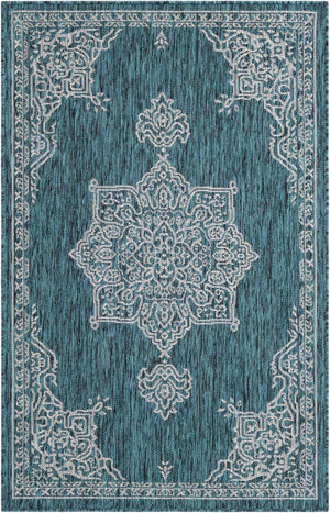Teal 3' 1 x 5' 3 Outdoor Traditional Rectangle Area Rug Weather Resistant for Patio, Deck, Terrace, Balcony, Porch Classical Design Outside Carpet for Sale at Rug Engine