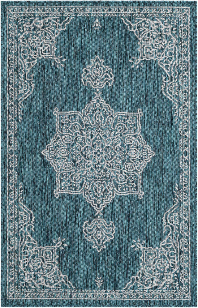 Teal 3' 1 x 5' 3 Outdoor Traditional Rectangle Area Rug Weather Resistant for Patio, Deck, Terrace, Balcony, Porch Classical Design Outside Carpet for Sale at Rug Engine