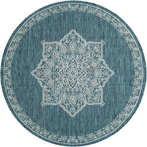 Teal 5' 3 x 5' 3 Outdoor Traditional Round Area Rug Weather Resistant for Patio, Deck, Terrace, Balcony, Porch Classical Design Outside Carpet for Sale at Rug Engine