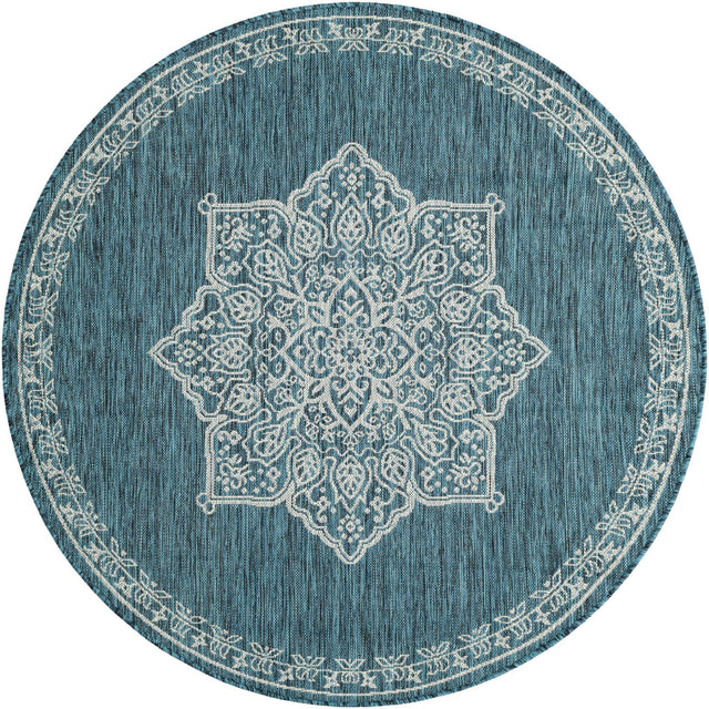 Teal 5' 3 x 5' 3 Outdoor Traditional Round Area Rug Weather Resistant for Patio, Deck, Terrace, Balcony, Porch Classical Design Outside Carpet for Sale at Rug Engine