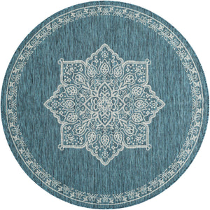 Teal 6' 1 x 6' 1 Outdoor Traditional Round Area Rug Weather Resistant for Patio, Deck, Terrace, Balcony, Porch Classical Design Outside Carpet for Sale at Rug Engine