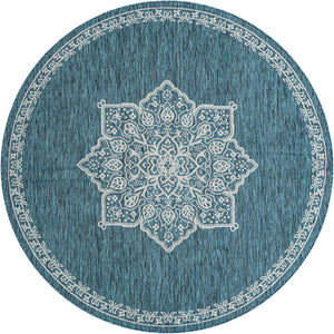 Teal 7' 10 x 7' 10 Outdoor Traditional Round Area Rug Weather Resistant for Patio, Deck, Terrace, Balcony, Porch Classical Design Outside Carpet for Sale at Rug Engine