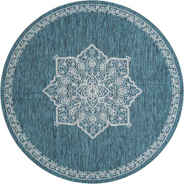 Teal 7' 10 x 7' 10 Outdoor Traditional Round Area Rug Weather Resistant for Patio, Deck, Terrace, Balcony, Porch Classical Design Outside Carpet for Sale at Rug Engine