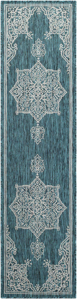 Teal 2' x 8' Outdoor Traditional Runner Area Rug Weather Resistant for Patio, Deck, Terrace, Balcony, Porch Classical Design Outside Carpet for Sale at Rug Engine