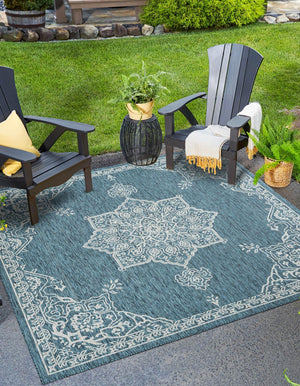 Teal 7' 10 x 7' 10 Outdoor Traditional Square Area Rug Weather Resistant for Patio, Deck, Terrace, Balcony, Porch Classical Design Outside Carpet for Sale at Rug Engine