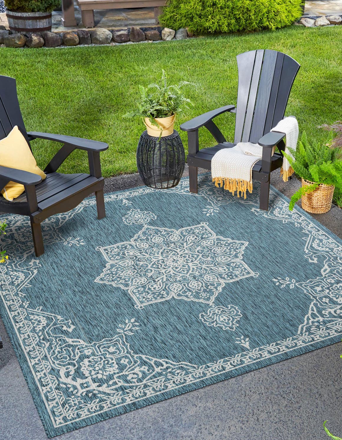 Teal 10' x 10' Outdoor Traditional Square Area Rug Weather Resistant for Patio, Deck, Terrace, Balcony, Porch Classical Design Outside Carpet for Sale at Rug Engine