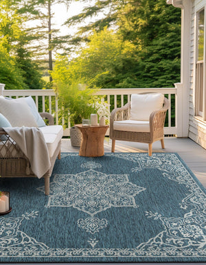Teal 10' x 10' Outdoor Traditional Square Area Rug Weather Resistant for Patio, Deck, Terrace, Balcony, Porch Classical Design Outside Carpet for Sale at Rug Engine
