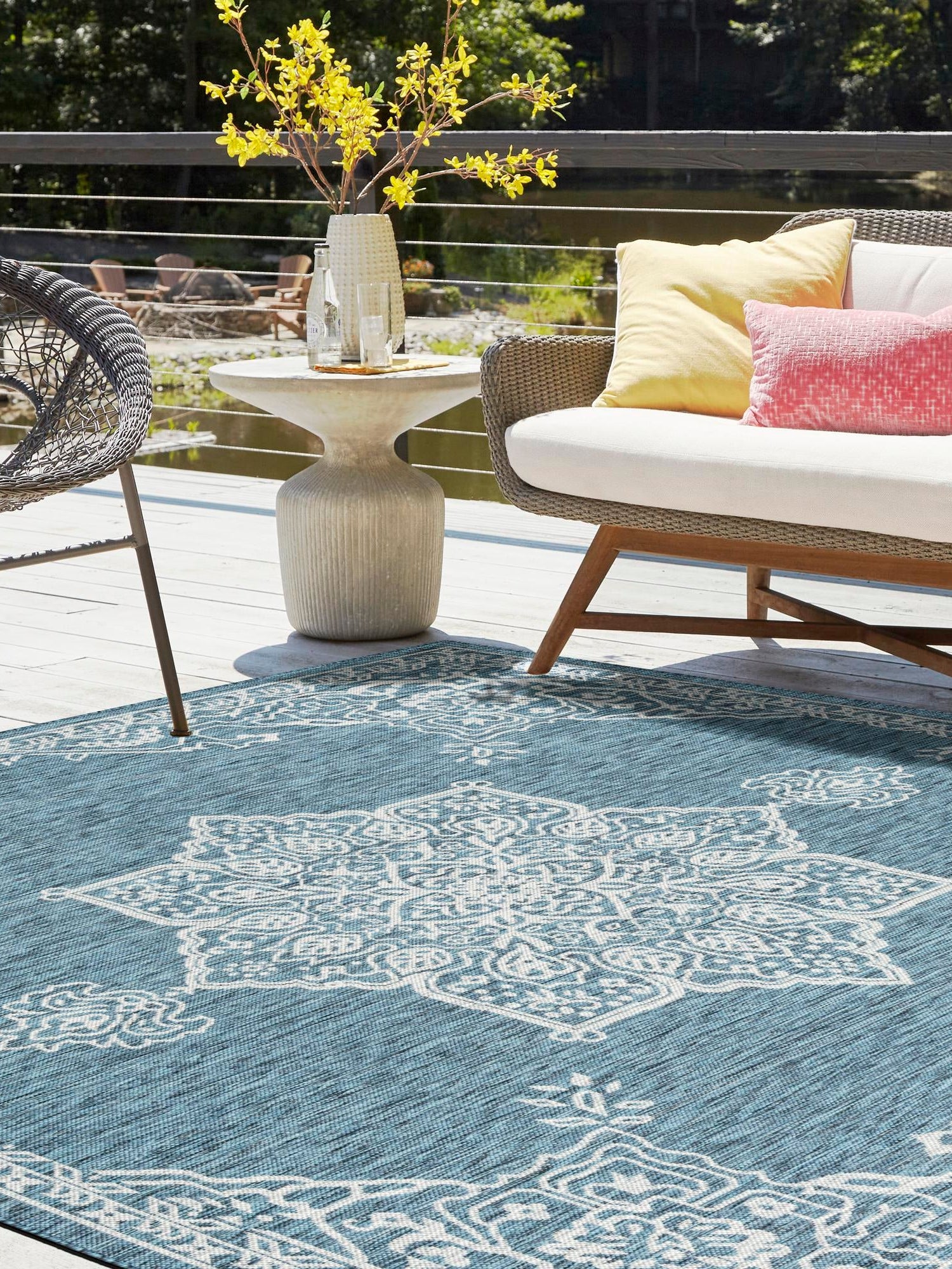 Teal 7' 10 x 7' 10 Outdoor Traditional Square Area Rug Weather Resistant for Patio, Deck, Terrace, Balcony, Porch Classical Design Outside Carpet for Sale at Rug Engine