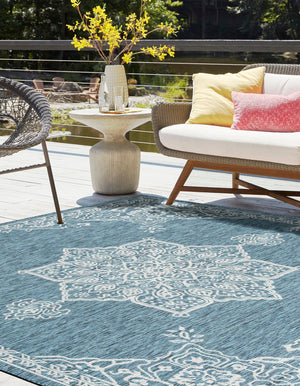 Teal 7' 10 x 7' 10 Outdoor Traditional Square Area Rug Weather Resistant for Patio, Deck, Terrace, Balcony, Porch Classical Design Outside Carpet for Sale at Rug Engine