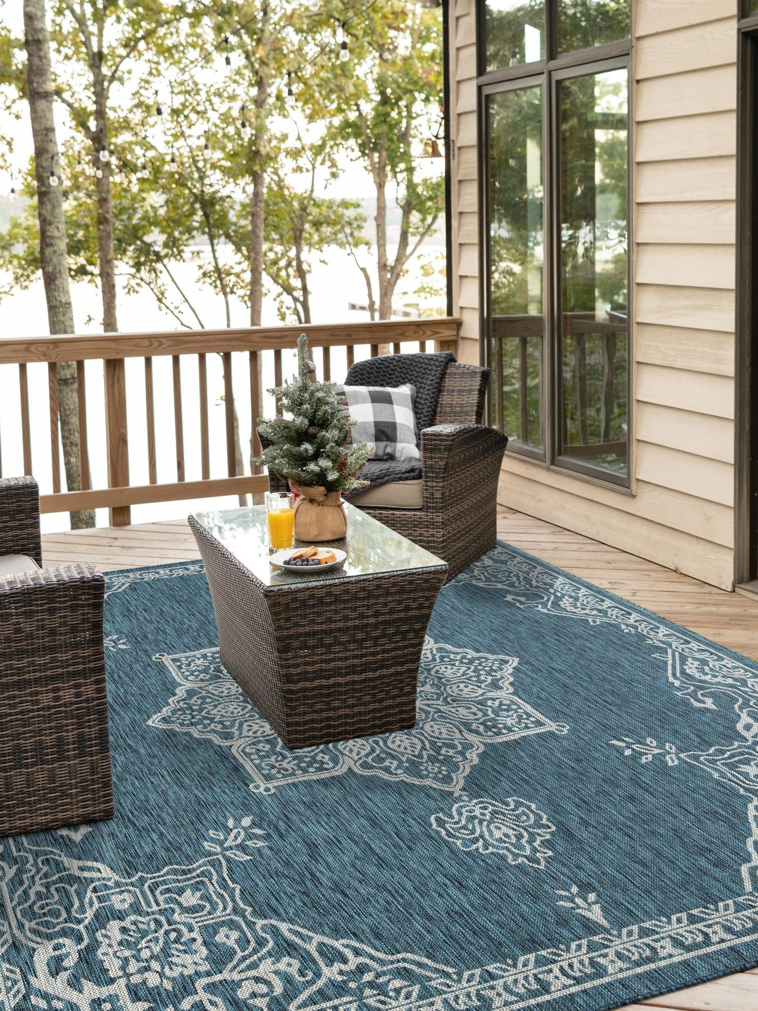 Teal 7' 10 x 7' 10 Outdoor Traditional Square Area Rug Weather Resistant for Patio, Deck, Terrace, Balcony, Porch Classical Design Outside Carpet for Sale at Rug Engine