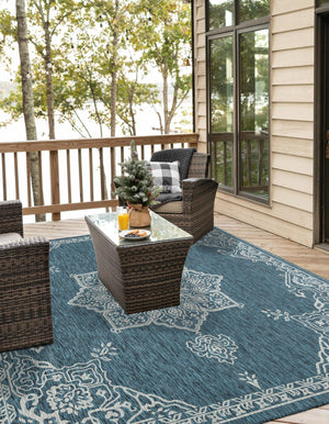 Teal 7' 10 x 7' 10 Outdoor Traditional Square Area Rug Weather Resistant for Patio, Deck, Terrace, Balcony, Porch Classical Design Outside Carpet for Sale at Rug Engine