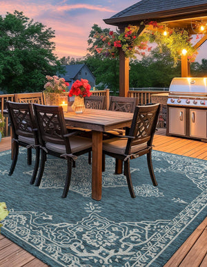 Teal 10' x 10' Outdoor Traditional Square Area Rug Weather Resistant for Patio, Deck, Terrace, Balcony, Porch Classical Design Outside Carpet for Sale at Rug Engine