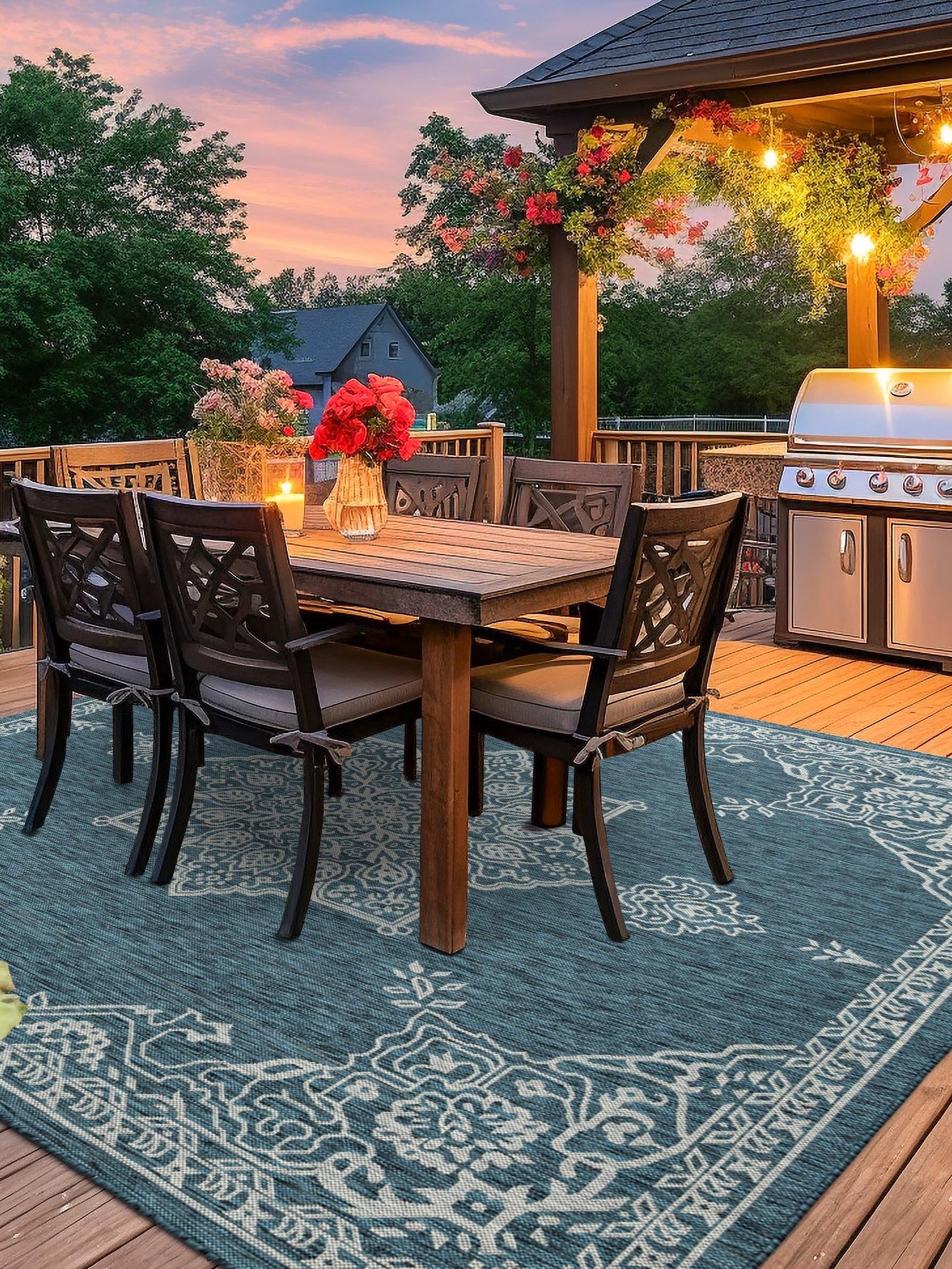 Teal 7' 10 x 7' 10 Outdoor Traditional Square Area Rug Weather Resistant for Patio, Deck, Terrace, Balcony, Porch Classical Design Outside Carpet for Sale at Rug Engine