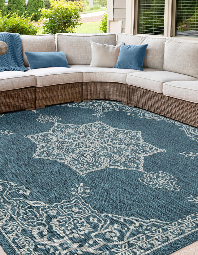 Teal 10' x 10' Outdoor Traditional Square Area Rug Weather Resistant for Patio, Deck, Terrace, Balcony, Porch Classical Design Outside Carpet for Sale at Rug Engine