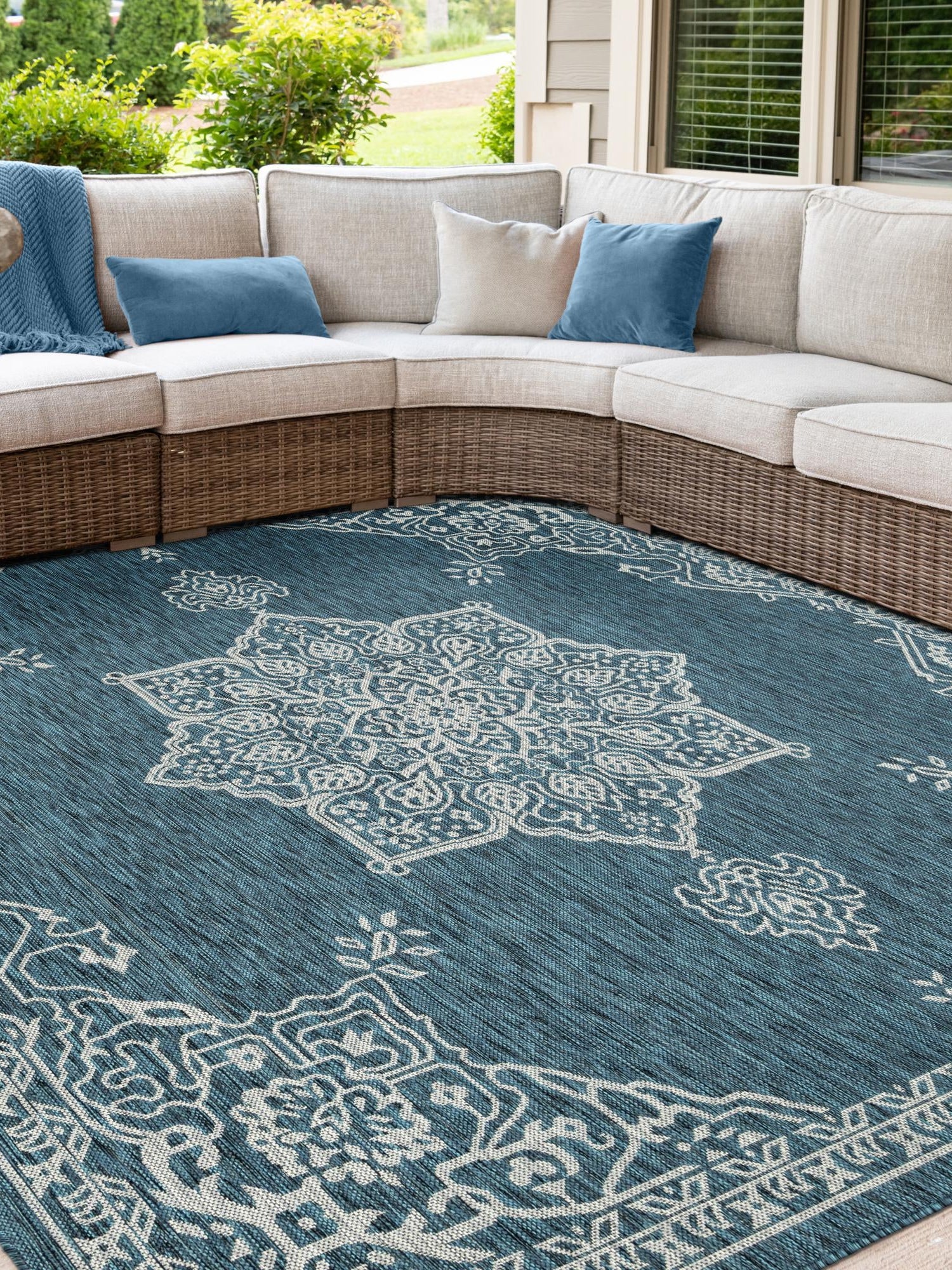 Teal 7' 10 x 7' 10 Outdoor Traditional Square Area Rug Weather Resistant for Patio, Deck, Terrace, Balcony, Porch Classical Design Outside Carpet for Sale at Rug Engine