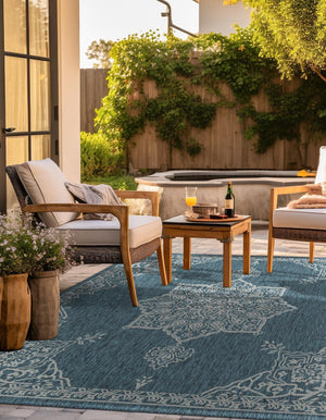 Teal 10' x 10' Outdoor Traditional Square Area Rug Weather Resistant for Patio, Deck, Terrace, Balcony, Porch Classical Design Outside Carpet for Sale at Rug Engine