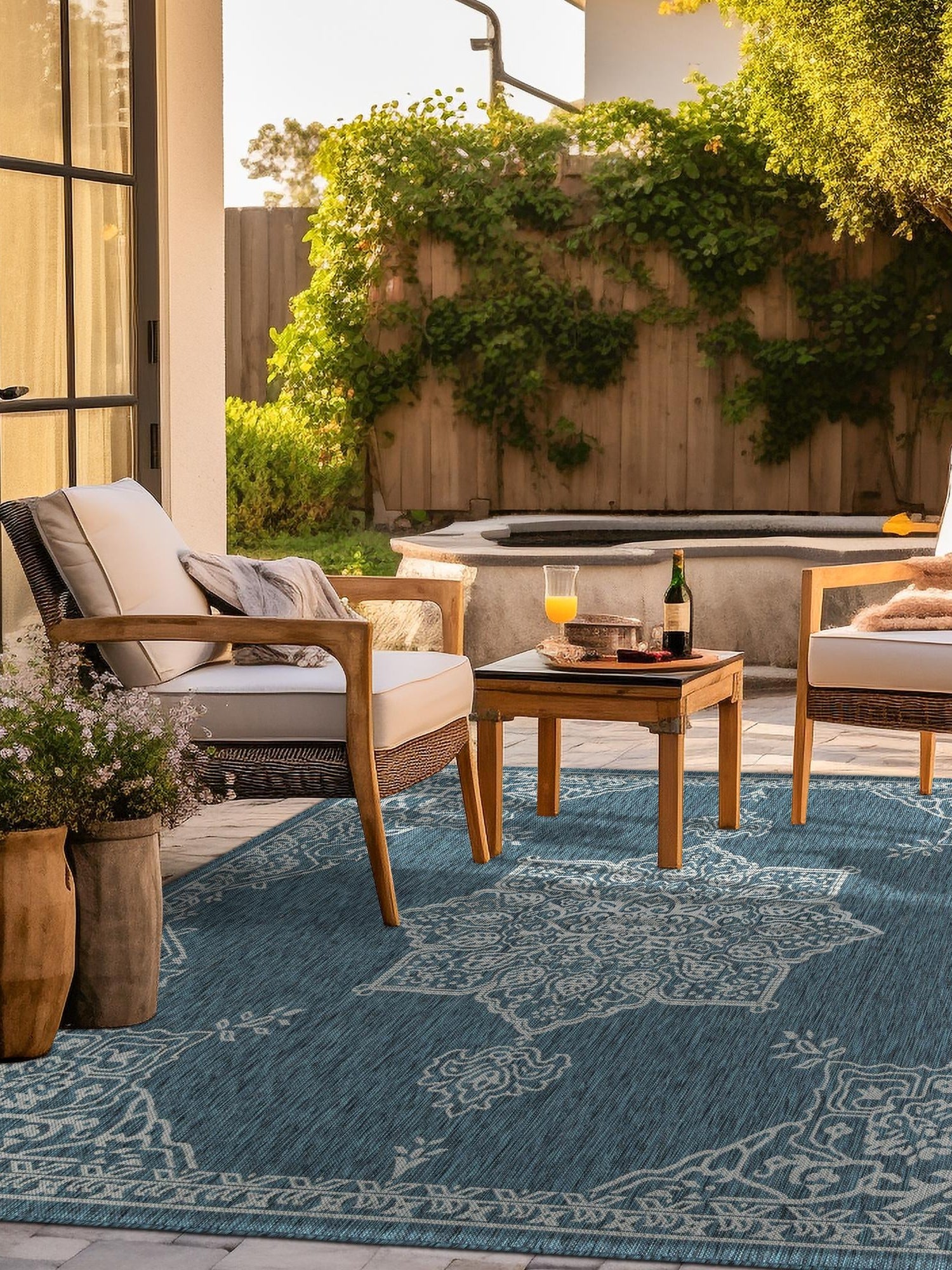Teal 7' 10 x 7' 10 Outdoor Traditional Square Area Rug Weather Resistant for Patio, Deck, Terrace, Balcony, Porch Classical Design Outside Carpet for Sale at Rug Engine