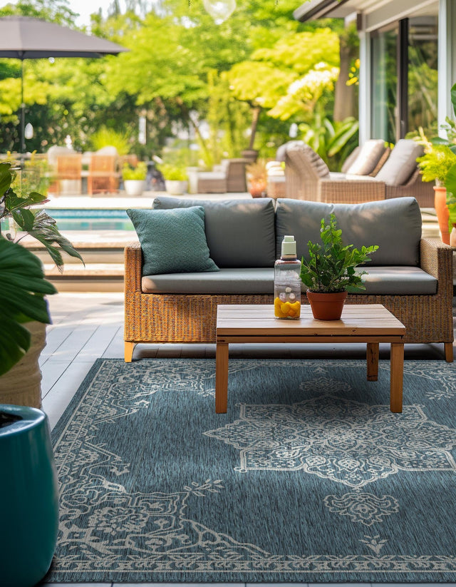 Teal 10' x 10' Outdoor Traditional Square Area Rug Weather Resistant for Patio, Deck, Terrace, Balcony, Porch Classical Design Outside Carpet for Sale at Rug Engine
