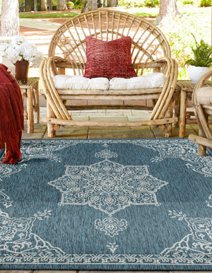 Teal 10' x 10' Outdoor Traditional Square Area Rug Weather Resistant for Patio, Deck, Terrace, Balcony, Porch Classical Design Outside Carpet for Sale at Rug Engine