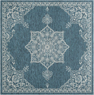 Teal 7' 10 x 7' 10 Outdoor Traditional Square Area Rug Weather Resistant for Patio, Deck, Terrace, Balcony, Porch Classical Design Outside Carpet for Sale at Rug Engine