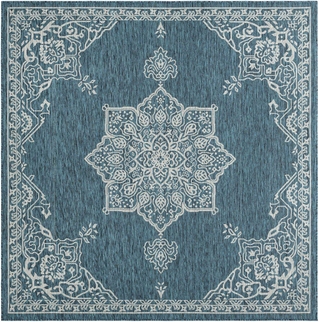 Teal 7' 10 x 7' 10 Outdoor Traditional Square Area Rug Weather Resistant for Patio, Deck, Terrace, Balcony, Porch Classical Design Outside Carpet for Sale at Rug Engine