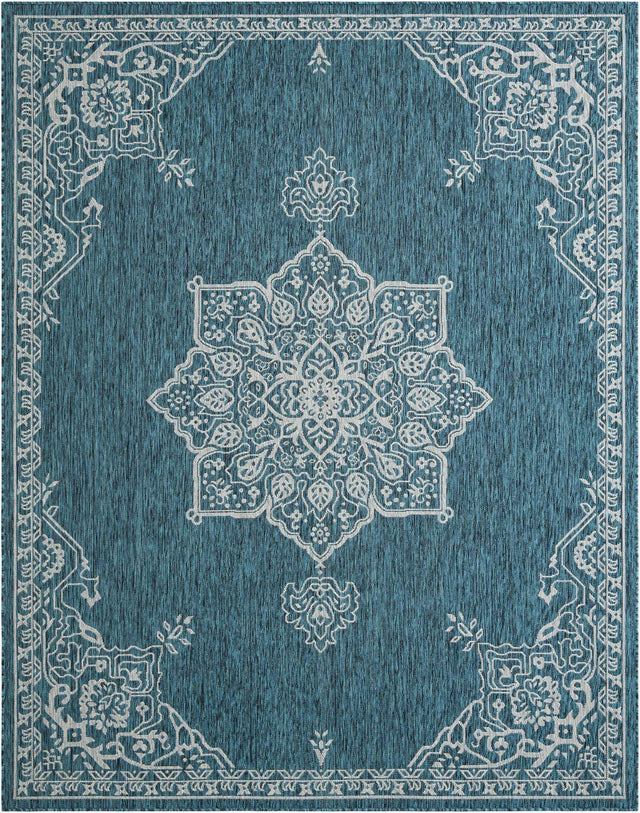 Teal 7' 10 x 10' Outdoor Traditional Rectangle Area Rug Weather Resistant for Patio, Deck, Terrace, Balcony, Porch Classical Design Outside Carpet for Sale at Rug Engine