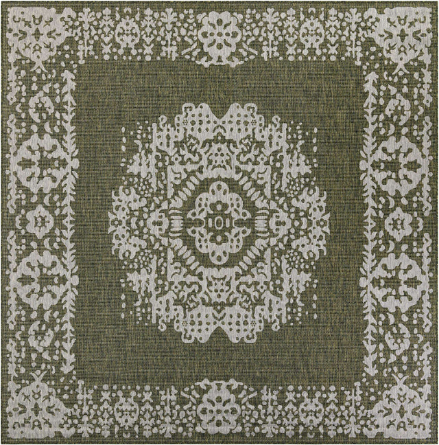 Green 10' x 10' Outdoor Traditional Square Area Rug Weather Resistant for Patio, Deck, Terrace, Balcony, Porch Classical Design Outside Carpet for Sale at Rug Engine