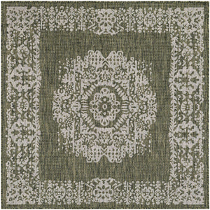 Green 5' 3 x 5' 3 Outdoor Traditional Square Area Rug Weather Resistant for Patio, Deck, Terrace, Balcony, Porch Classical Design Outside Carpet for Sale at Rug Engine