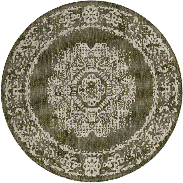 Green 6' 1 x 6' 1 Outdoor Traditional Round Area Rug Weather Resistant for Patio, Deck, Terrace, Balcony, Porch Classical Design Outside Carpet for Sale at Rug Engine