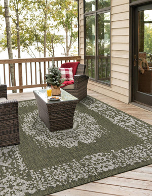 Green 7' 10 x 7' 10 Outdoor Traditional Square Area Rug Weather Resistant for Patio, Deck, Terrace, Balcony, Porch Classical Design Outside Carpet for Sale at Rug Engine