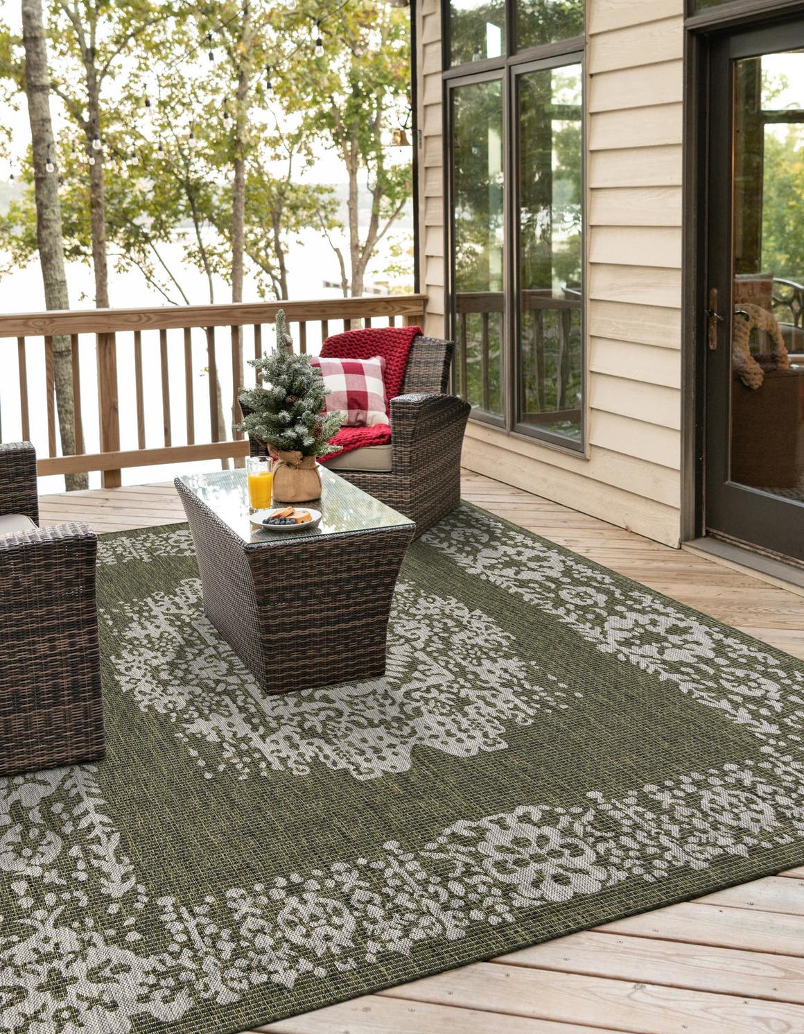 Green 5' 3 x 5' 3 Outdoor Traditional Square Area Rug Weather Resistant for Patio, Deck, Terrace, Balcony, Porch Classical Design Outside Carpet for Sale at Rug Engine