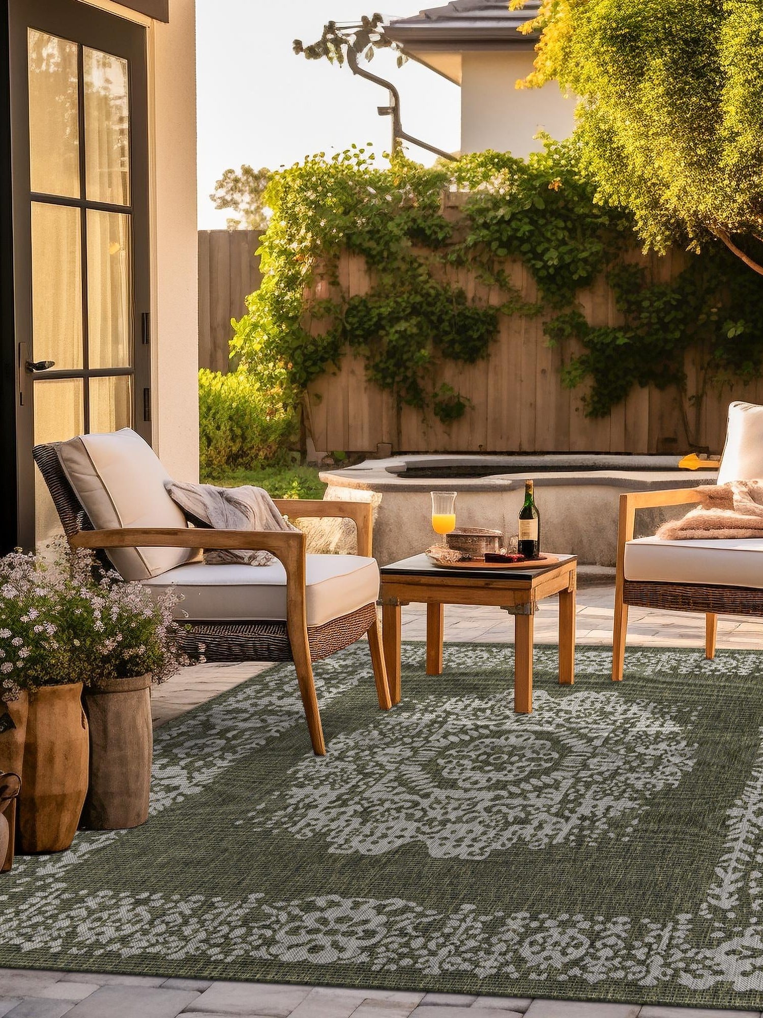 Green 5' 3 x 5' 3 Outdoor Traditional Square Area Rug Weather Resistant for Patio, Deck, Terrace, Balcony, Porch Classical Design Outside Carpet for Sale at Rug Engine
